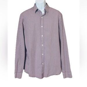 Michael Kors Mens Button Dress Trim Stretch Shirt XL Maroon White Gingham Check